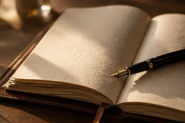 An open book with a fountainpen across its pages