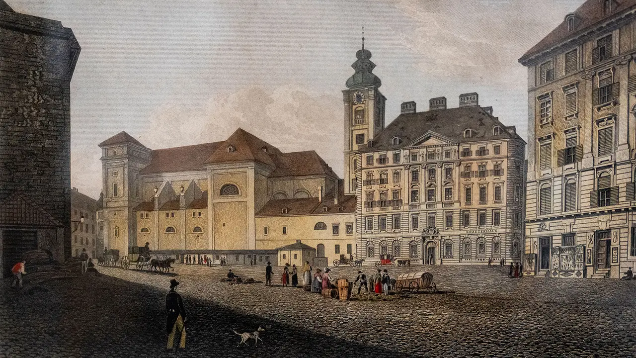 Historic drawing of the Freyung with the KOTTAS Kräuterhaus in Vienna