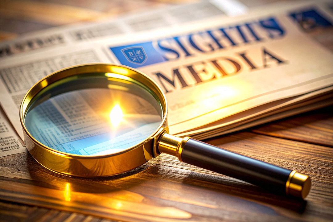 A magnifying glass on a folded newspaper