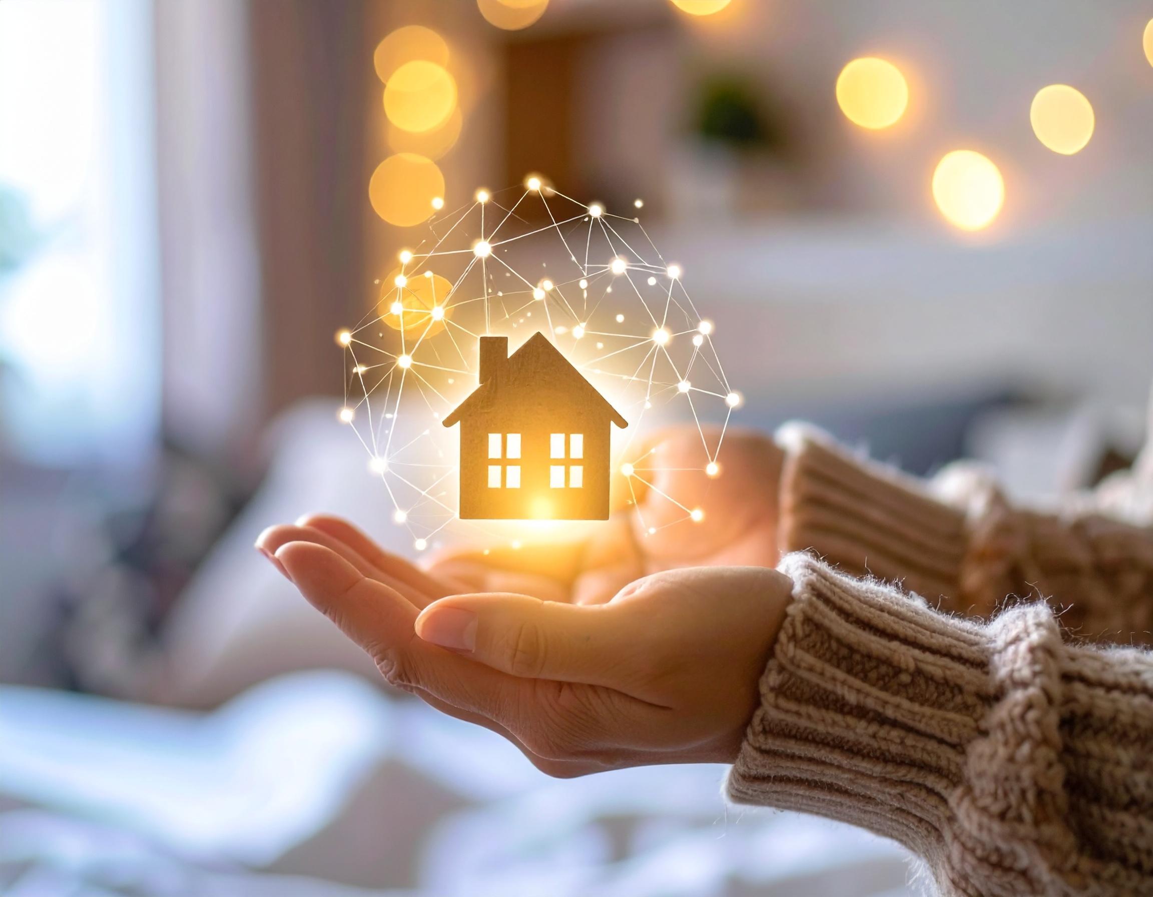 Hands holding a glowing model of a house.