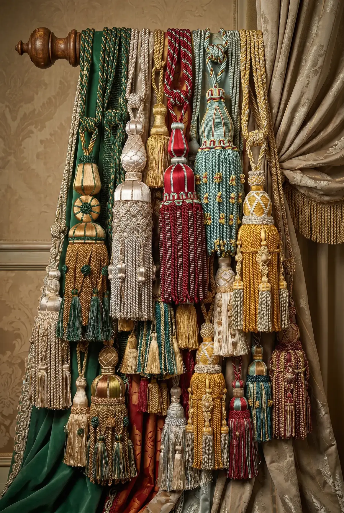 Image Credit: M. Maurer Colourful passementerie tassels and decorative textile trimmings hanging beside a draped curtain.