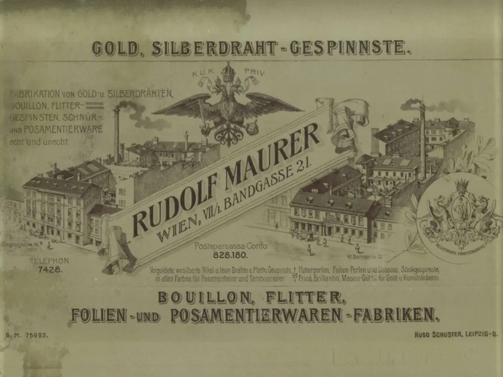 Image Credit: M. Maurer Historic Rudolf Maurer advertisement for gold and silver wire, bouillon, glitter, foils, and passementerie goods in Vienna.