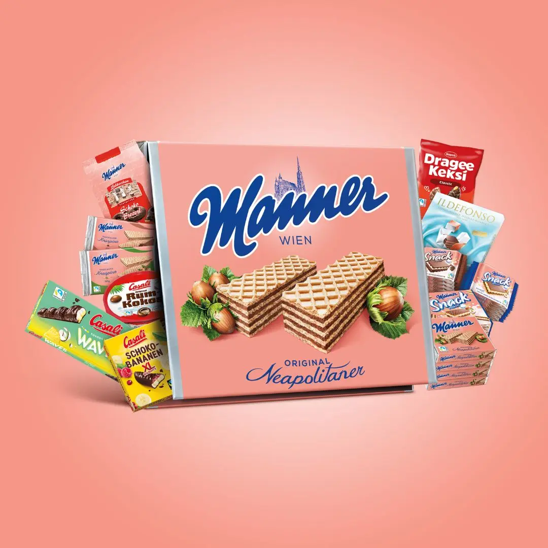 Image Credit: Manner Manner Original Neapolitaner box surrounded by assorted Manner, Casali, Napoli, and Ildefonso confectionery products.