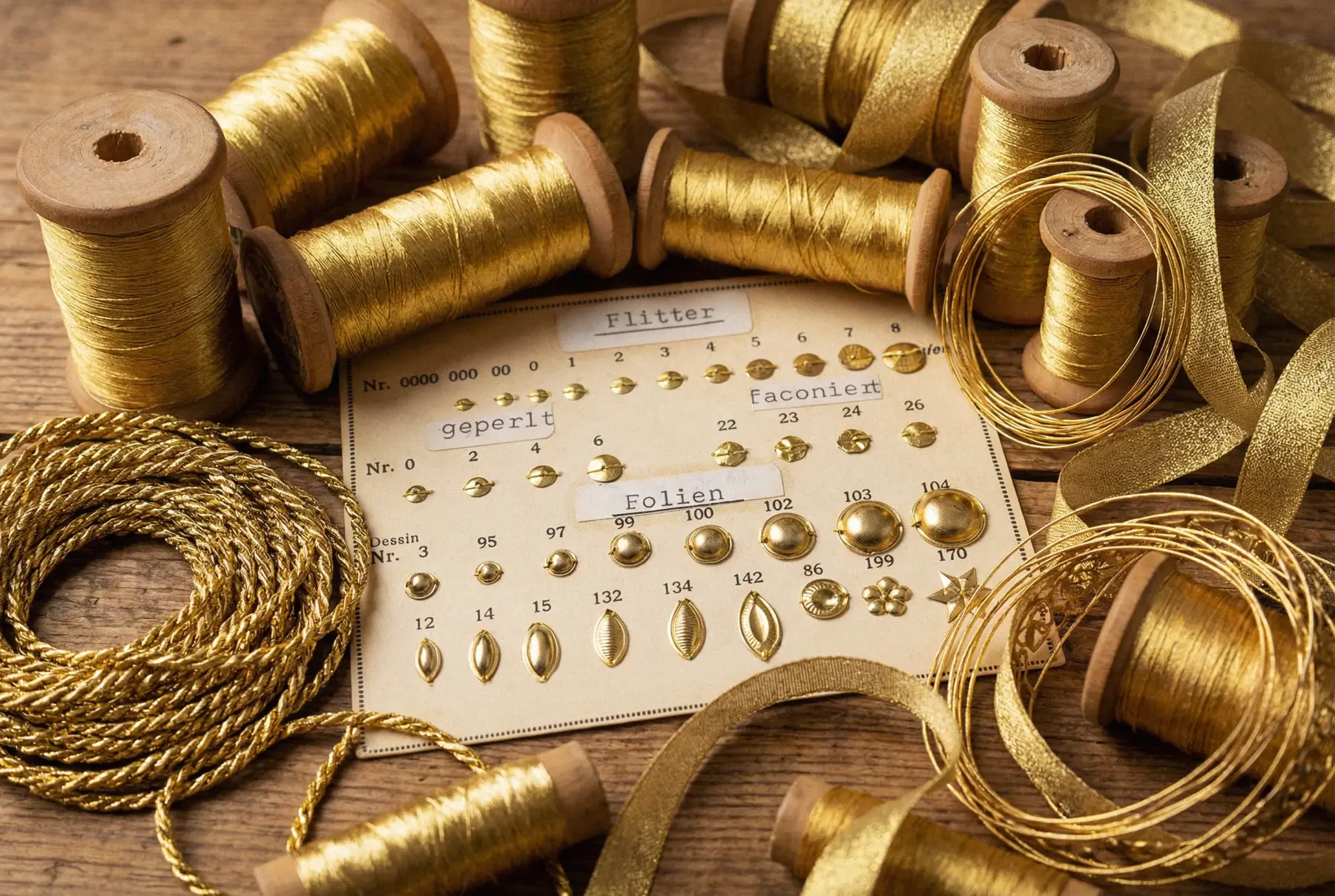 Image Credit: M. Maurer Gold threads, cords, ribbons, and decorative metal trimmings arranged around a historic sample card.