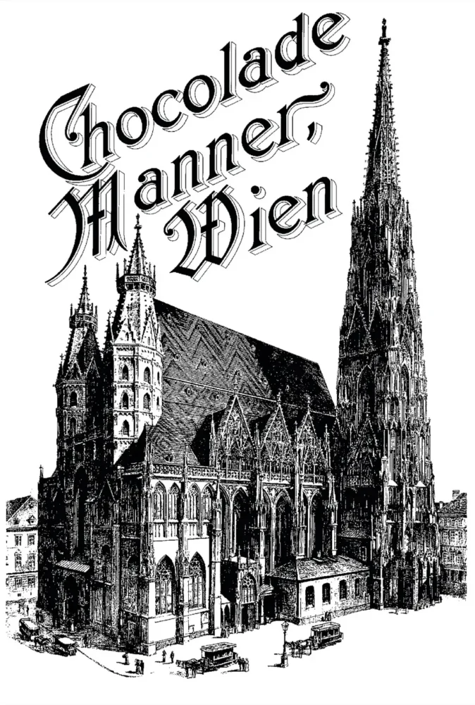 Image Credit: Manner Historic black-and-white Manner illustration showing the Stephansdom in Vienna with “Chocolade Manner Wien” lettering.