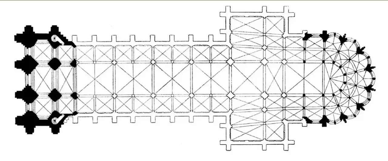 Floor plan of the Basilica of Saint-Denis showing nave, transept, and choir layout