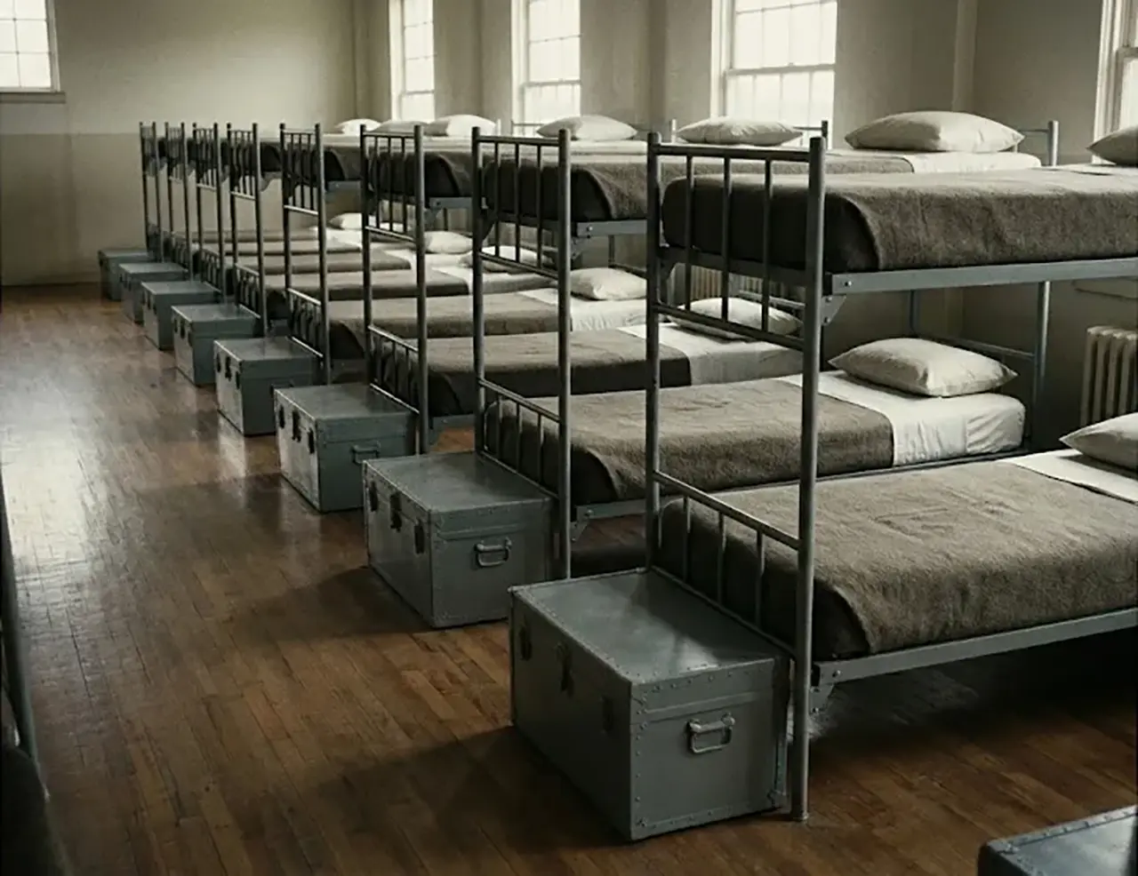 A spartan military barracks dormitory with perfectly made bunk beds and symmetrical footlockers
