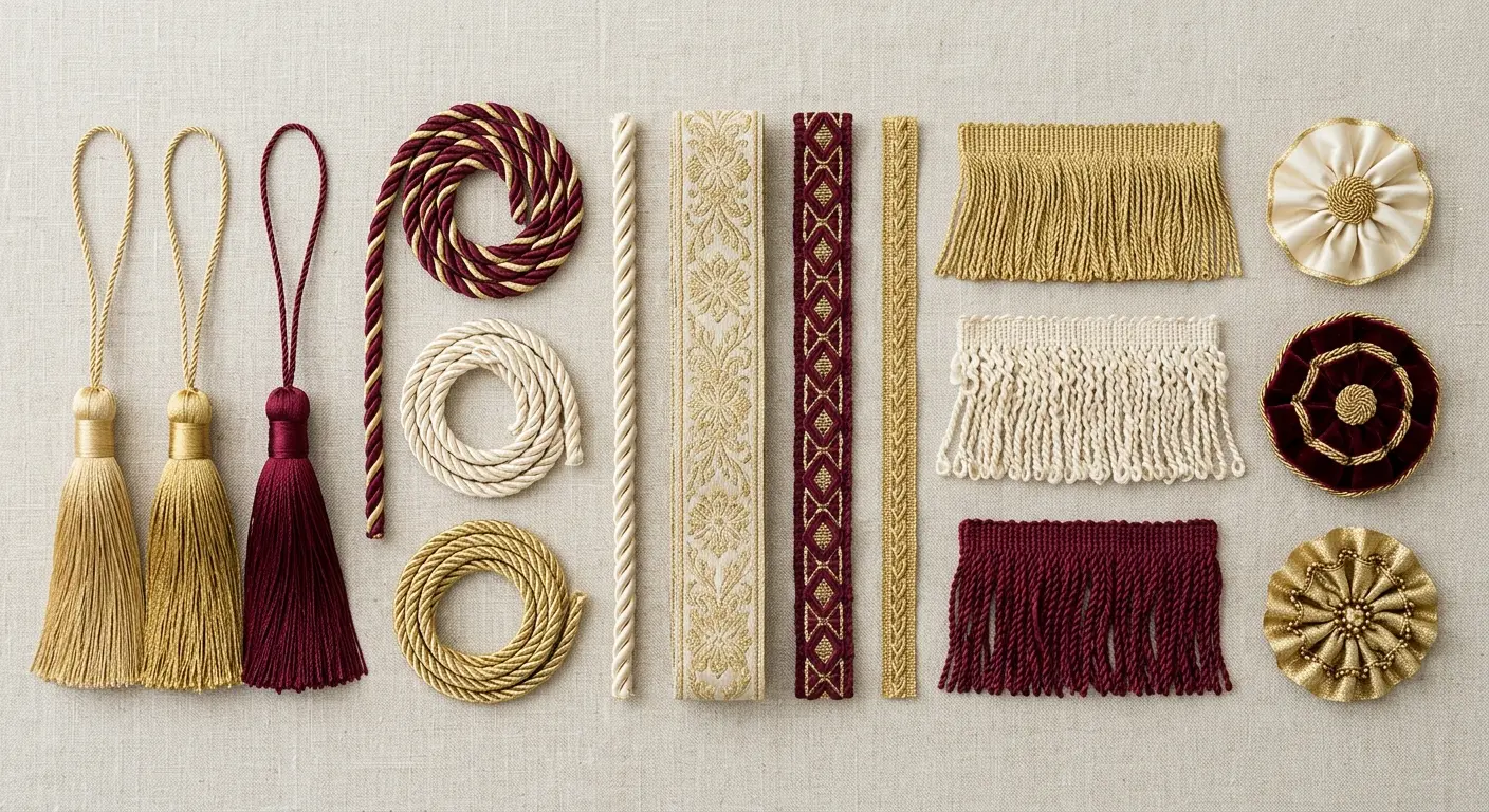 A richly stocked artisan's workshop filled to the brim with hundreds of spools of decorative threads, tassels, and intricate textile trimmings on rustic wooden shelves and tables.