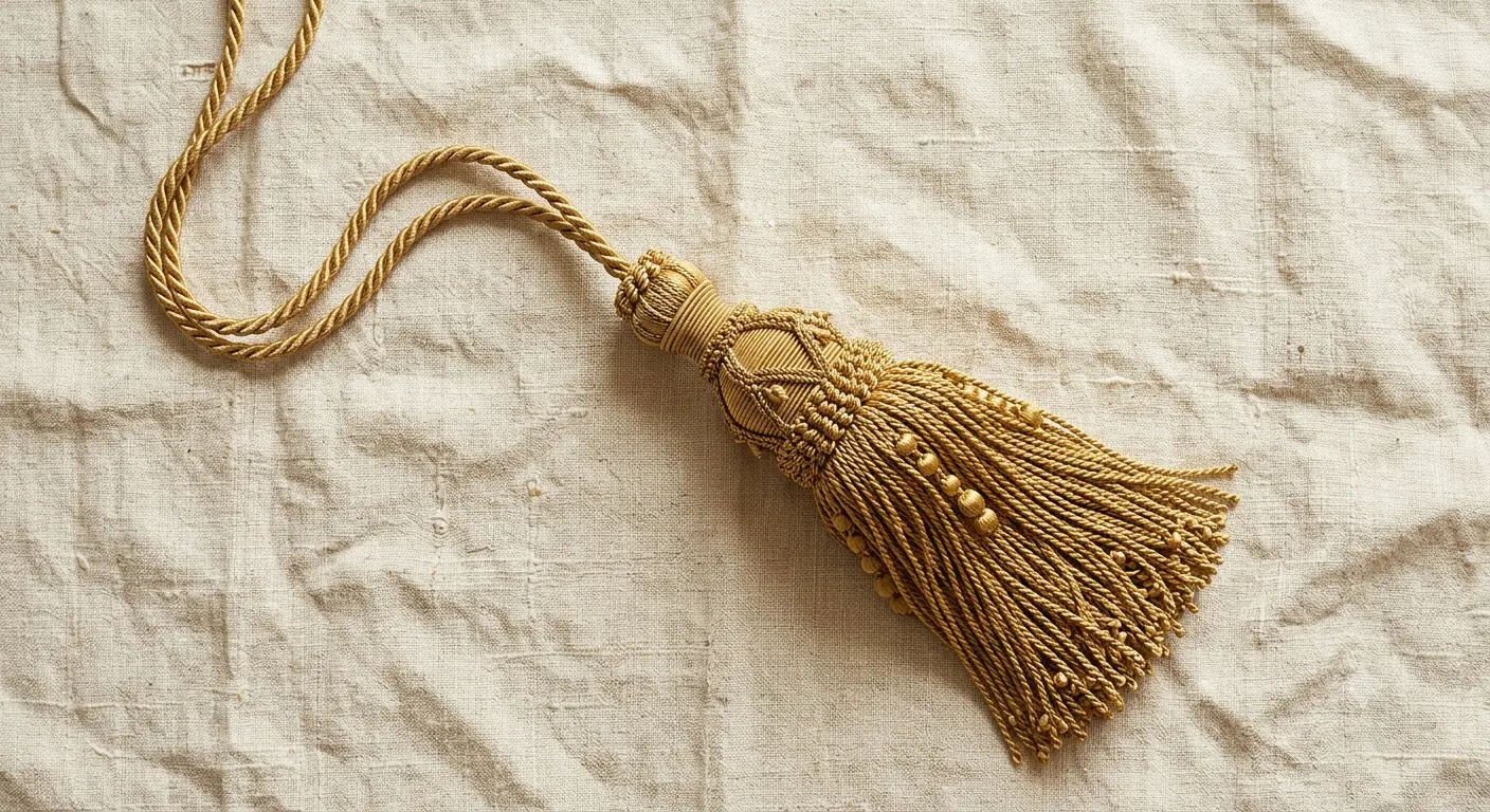 Single ornate passementerie tassel agains cream-coloured linen