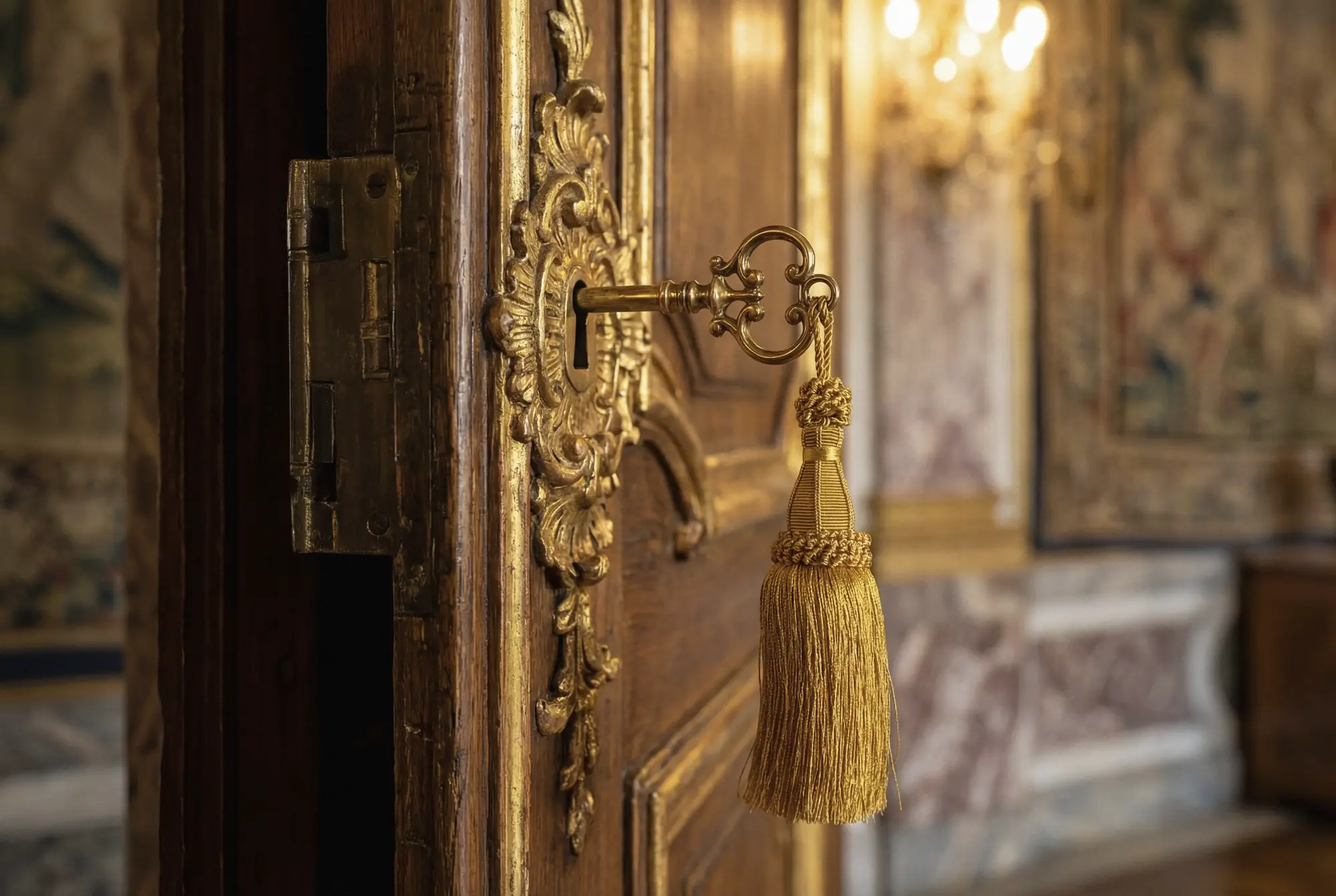 A golden tassel hanging on an antique key in an elaborately ornamented keyhole against a blurry background showing tapestries