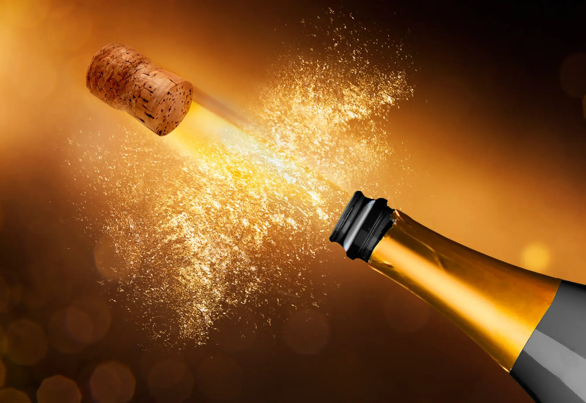 A cork poppint out of a bottle of sparkling wine against, with bright bubbles against a golden background