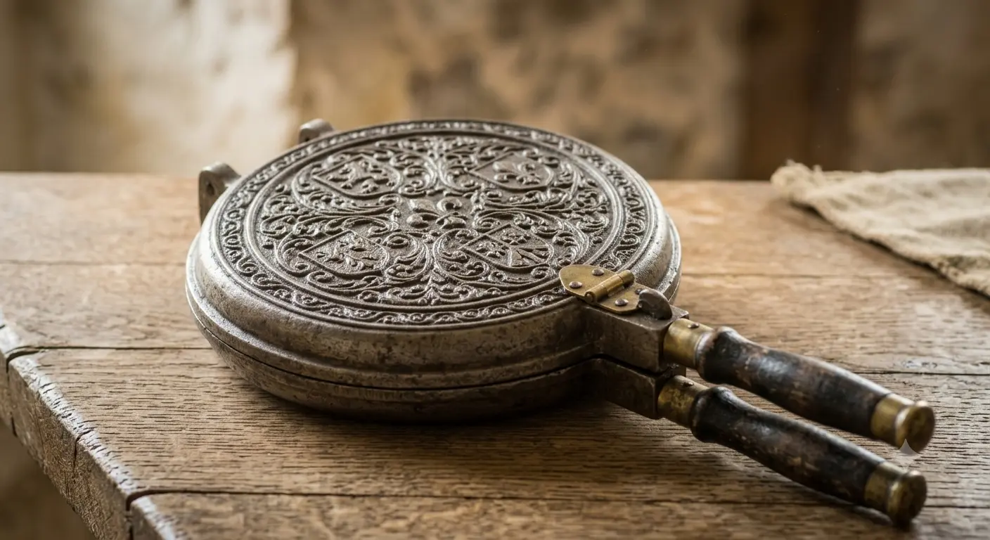 Close-up of a round medieval waffle iron, engraved with four crests and floral ornamentation