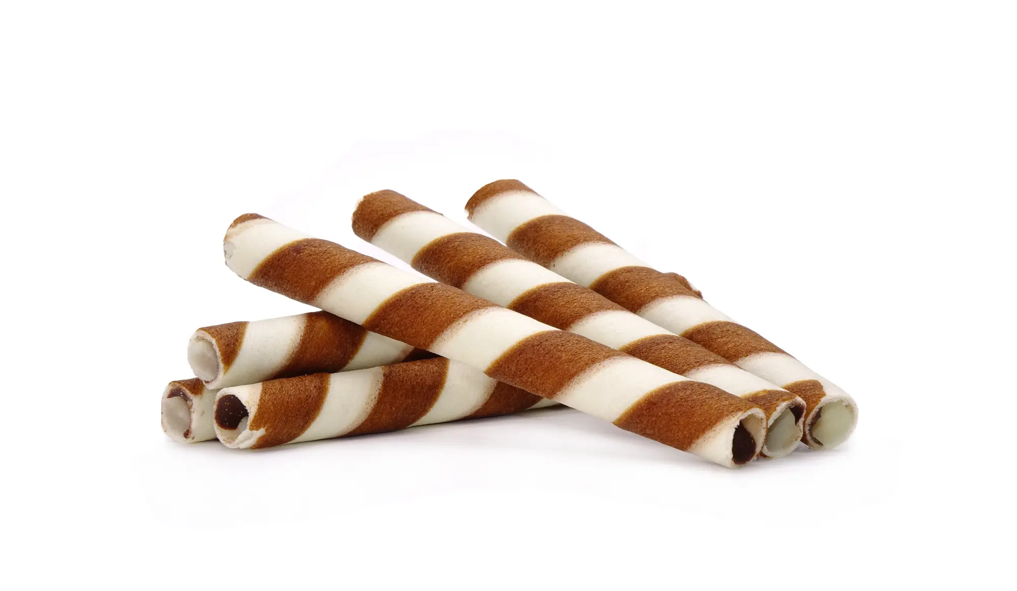 A pile of six hollow chocolate/cream wafer rolls